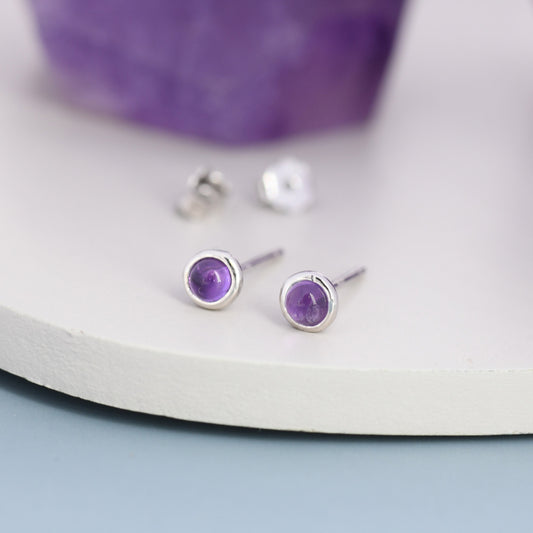 Sterling Silver Natural Amethyst Stud Earrings, 3mm Bezel Set, Genuine Amethyst Gemstone Stud, Minimalist Style, February Birthstone