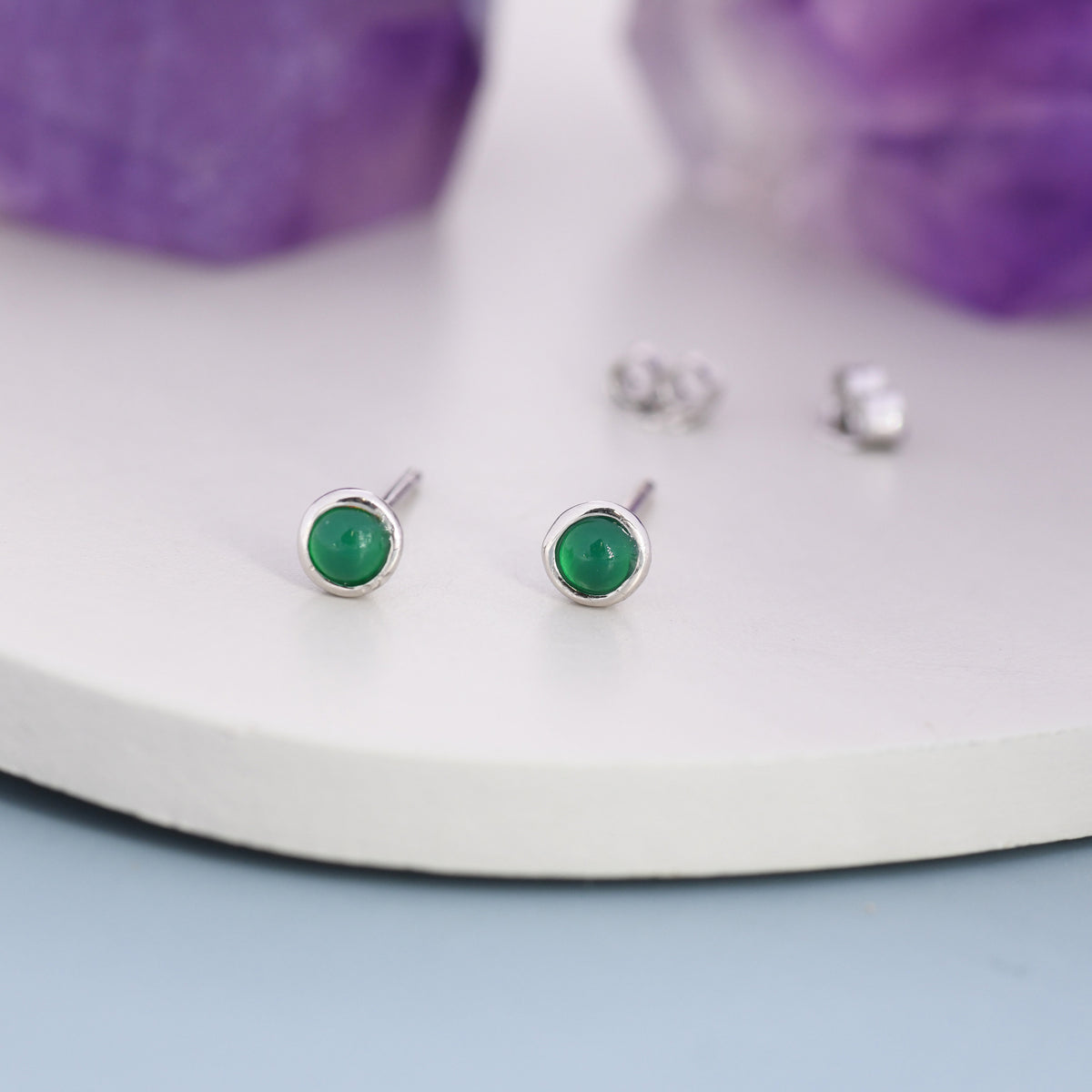 Sterling Silver Green Onyx Stud Earrings, 3mm Bezel Set, Genuine Onyx Gemstone Stud, Minimalist Style