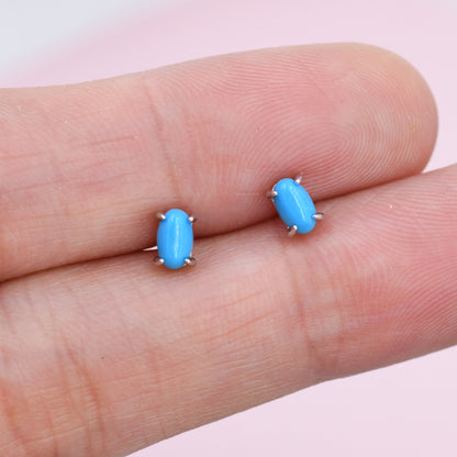 Genuine Blue Turquoise Oval Stud Earrings in Sterling Silver, 3x5 mm Turquoise Stud Earrings, Tiny Turquoise Earrings, December Birthstone