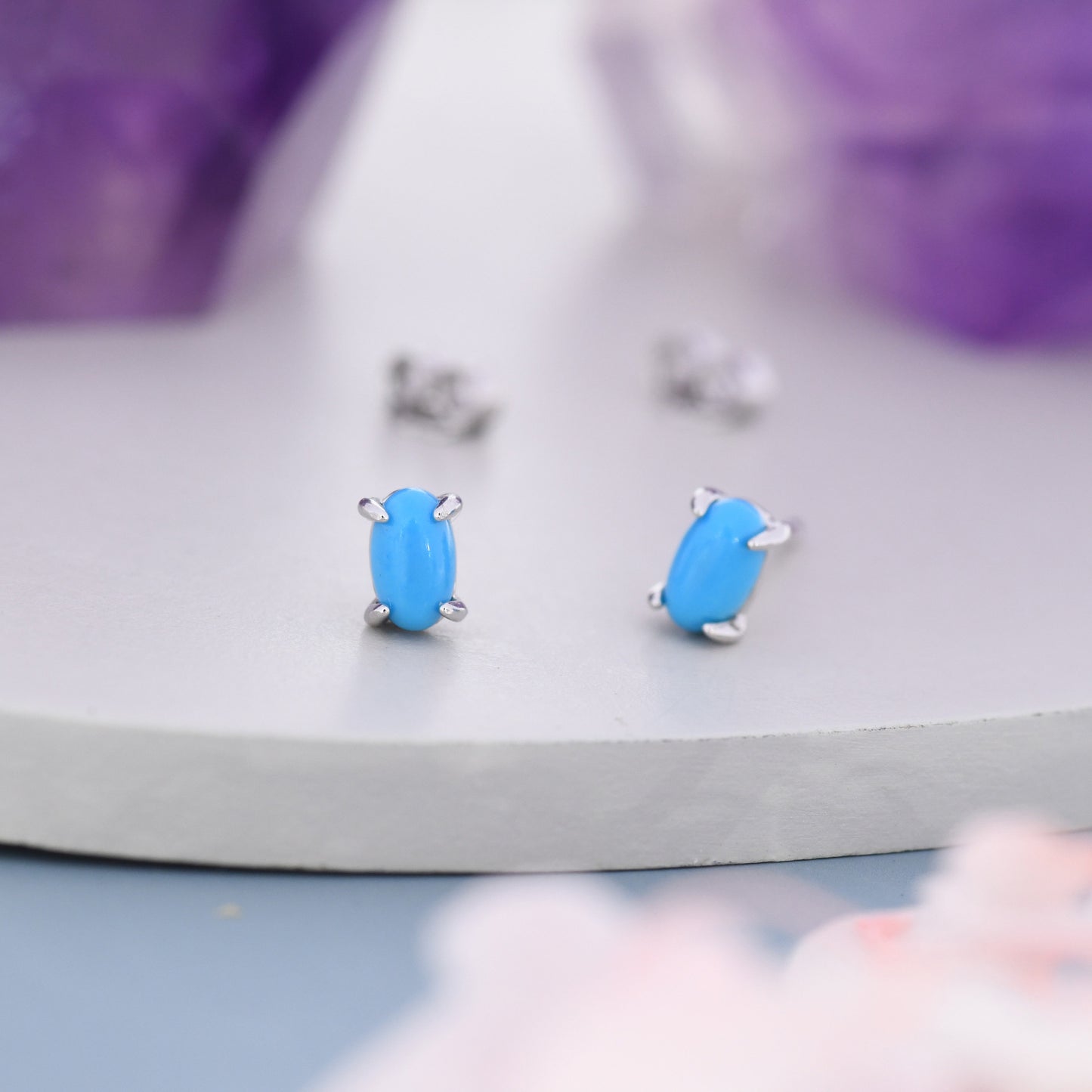Genuine Blue Turquoise Oval Stud Earrings in Sterling Silver, 3x5 mm Turquoise Stud Earrings, Tiny Turquoise Earrings, December Birthstone