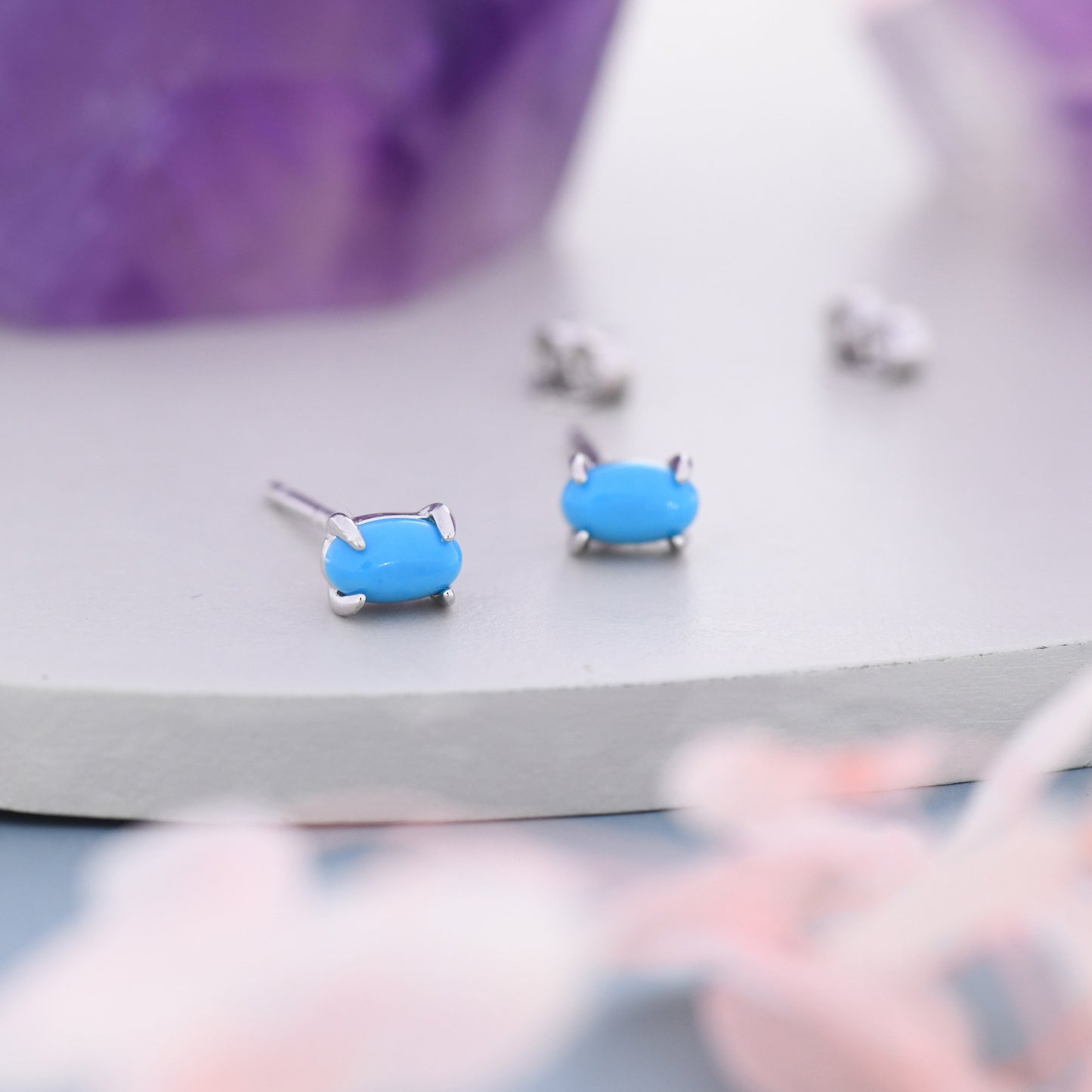 Genuine Blue Turquoise Oval Stud Earrings in Sterling Silver, 3x5 mm Turquoise Stud Earrings, Tiny Turquoise Earrings, December Birthstone