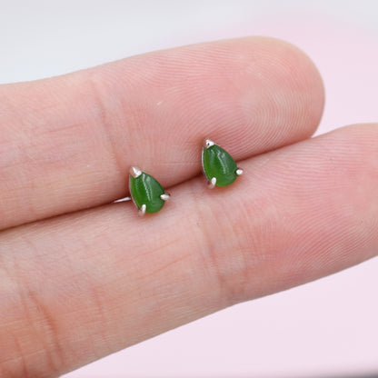 Genuine Jade Pear Stud Earrings in Sterling Silver, 3x5 mm Jade Stud Earrings, Tiny Jade Droplet Earrings