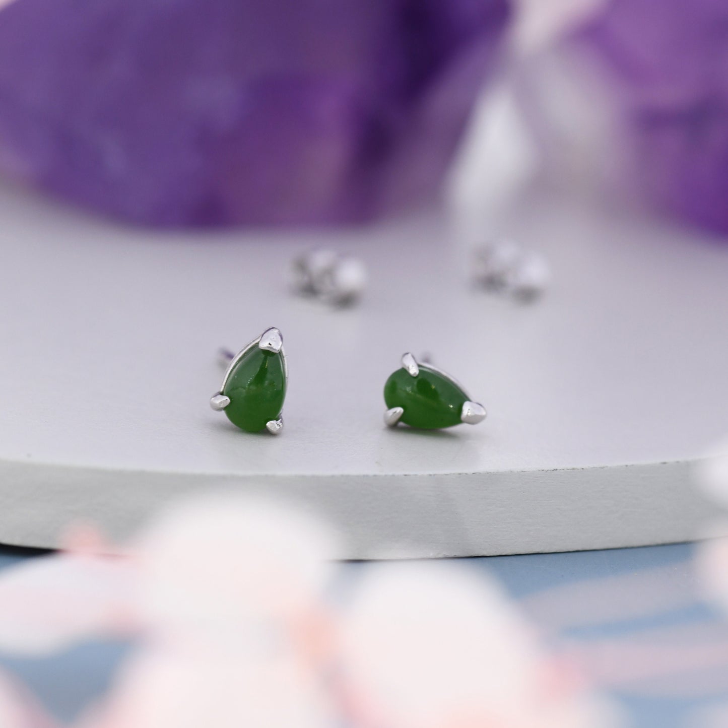 Genuine Jade Pear Stud Earrings in Sterling Silver, 3x5 mm Jade Stud Earrings, Tiny Jade Droplet Earrings