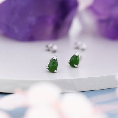 Genuine Jade Pear Stud Earrings in Sterling Silver, 3x5 mm Jade Stud Earrings, Tiny Jade Droplet Earrings