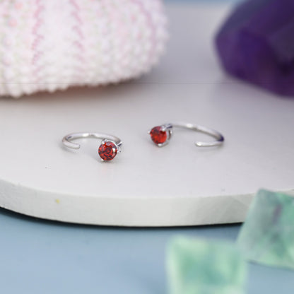 Tiny Garnet Red CZ Huggie Hoop Earrings in Sterling Silver, Red CZ Pull Through Earrings, Half Hoop, Silver or Gold, January Birthstone