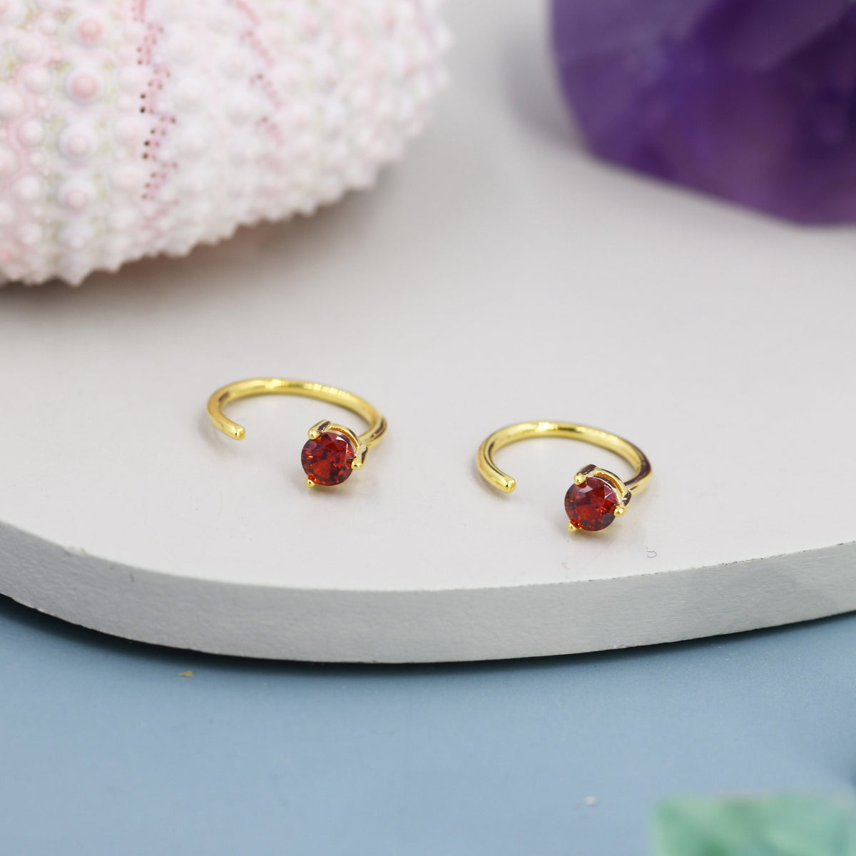 Tiny Garnet Red CZ Huggie Hoop Earrings in Sterling Silver, Red CZ Pull Through Earrings, Half Hoop, Silver or Gold, January Birthstone
