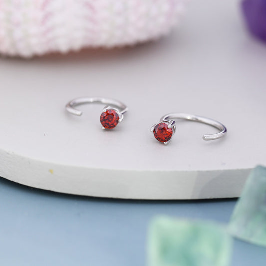 Tiny Garnet Red CZ Huggie Hoop Earrings in Sterling Silver, Red CZ Pull Through Earrings, Half Hoop, Silver or Gold, January Birthstone