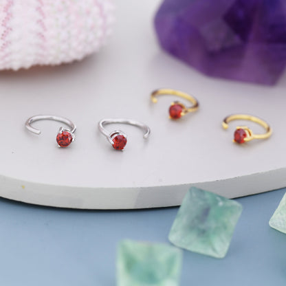 Tiny Garnet Red CZ Huggie Hoop Earrings in Sterling Silver, Red CZ Pull Through Earrings, Half Hoop, Silver or Gold, January Birthstone