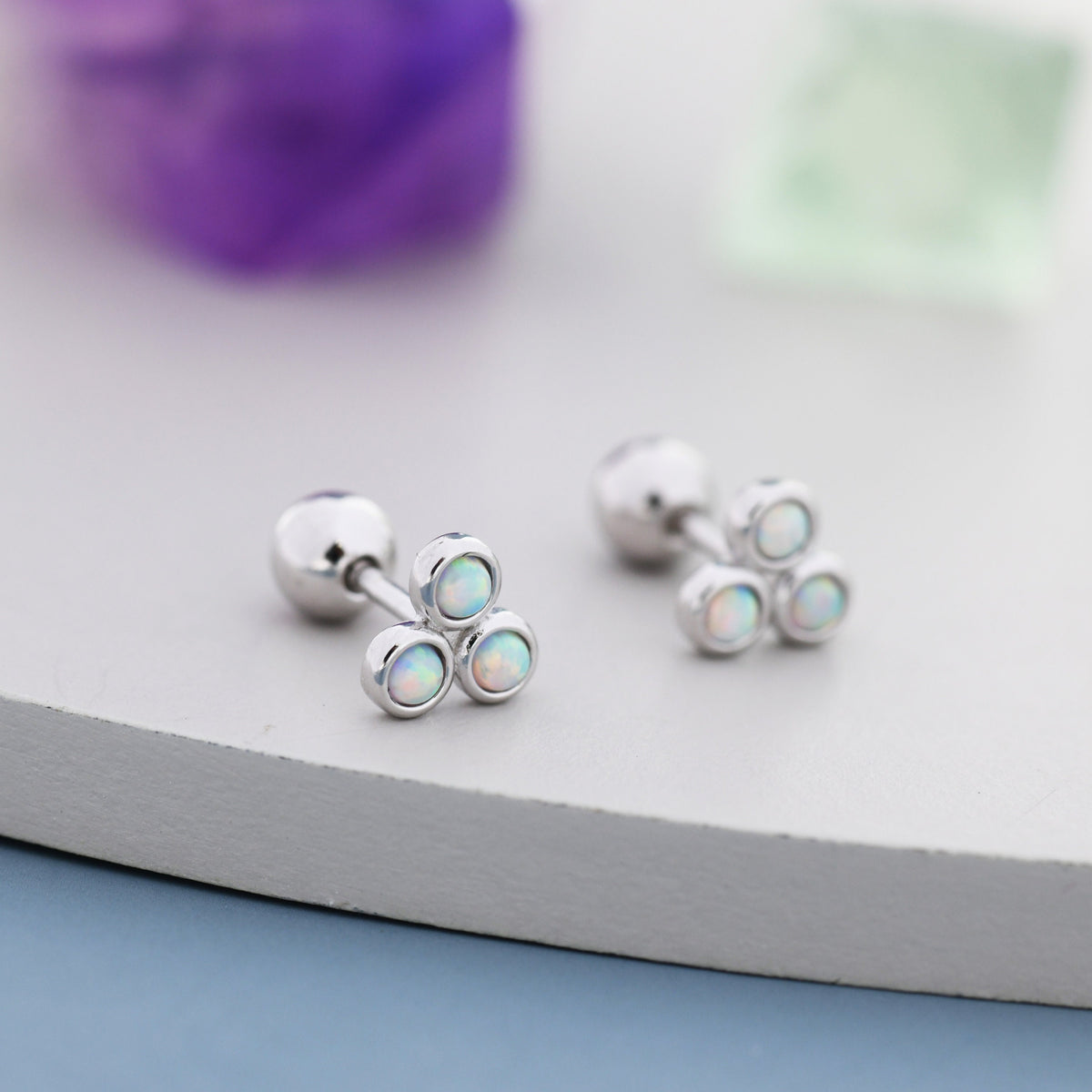 White Opal Trio Screw back Earrings in Sterling Silver, Silver or Gold, Opal Trinity Earrings, Screwback Barbell