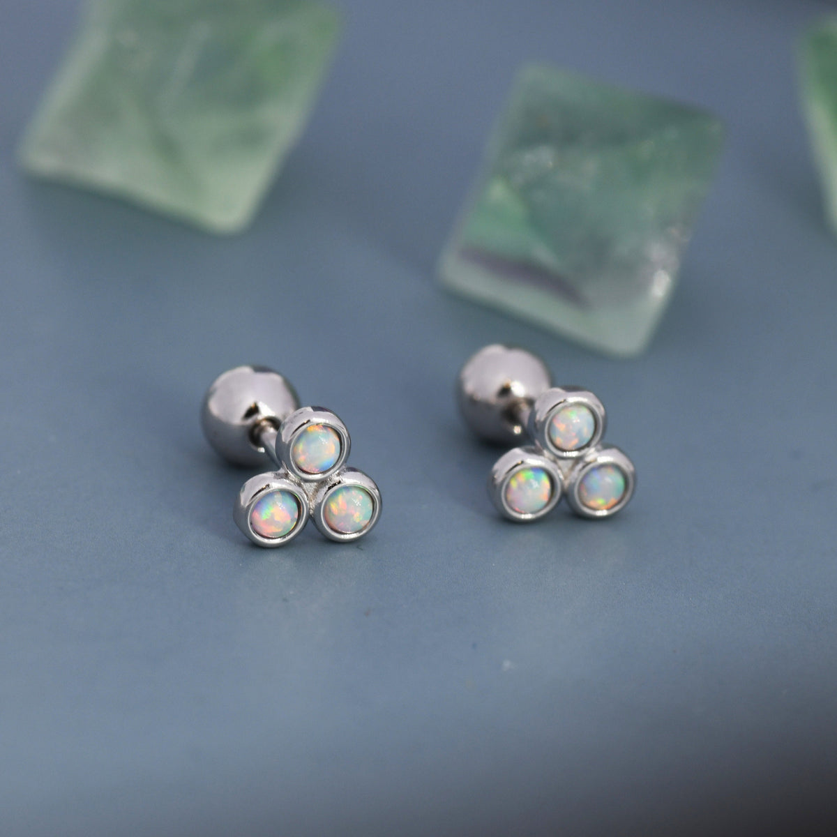 White Opal Trio Screw back Earrings in Sterling Silver, Silver or Gold, Opal Trinity Earrings, Screwback Barbell
