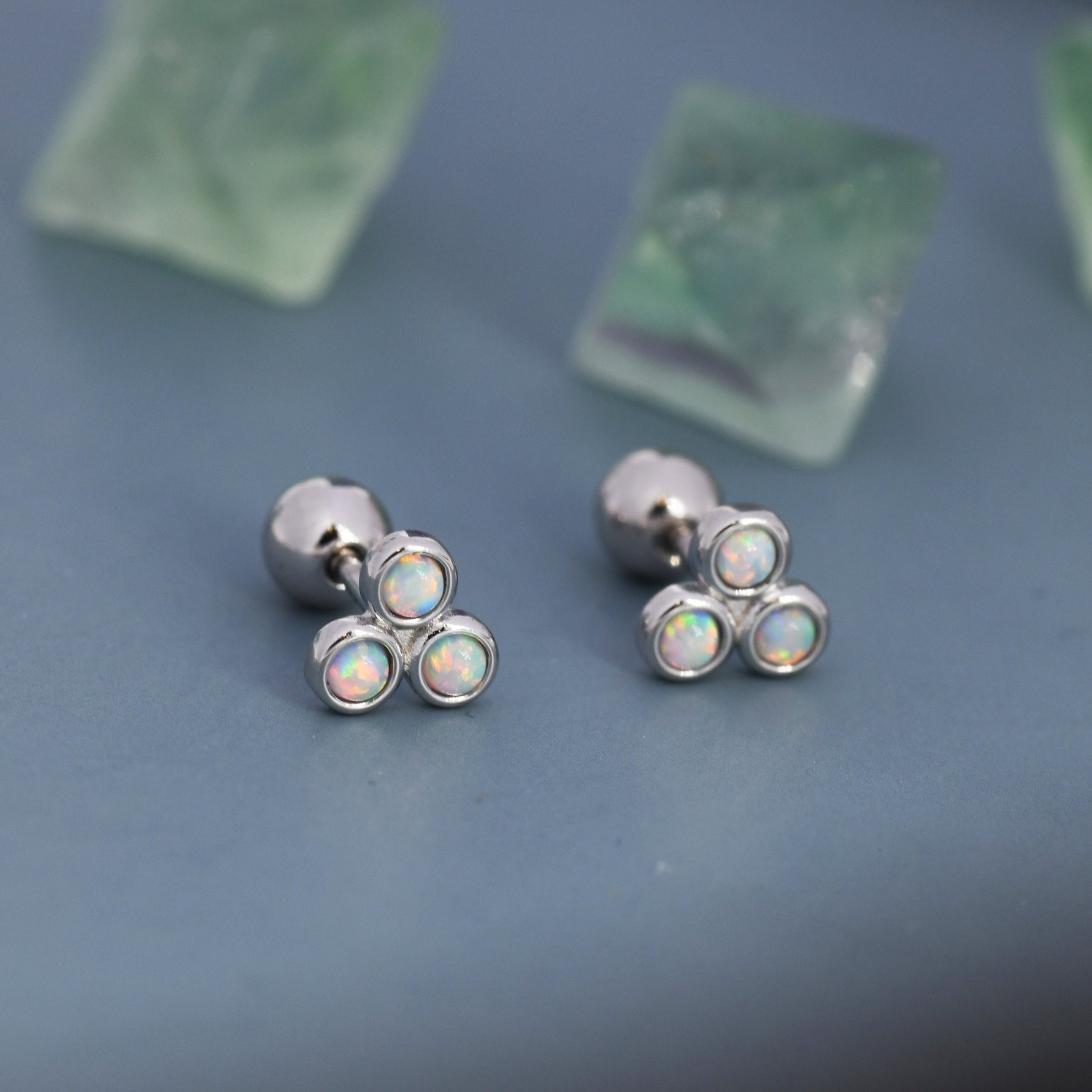 White Opal Trio Screw back Earrings in Sterling Silver, Silver or Gold, Opal Trinity Earrings, Screwback Barbell