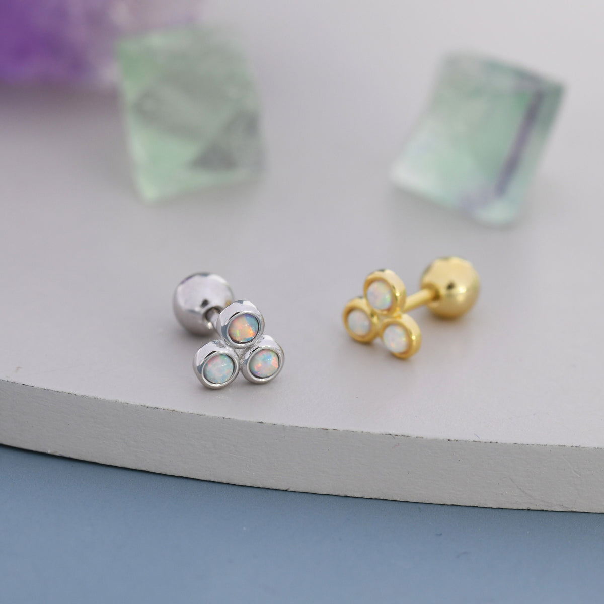 White Opal Trio Screw back Earrings in Sterling Silver, Silver or Gold, Opal Trinity Earrings, Screwback Barbell