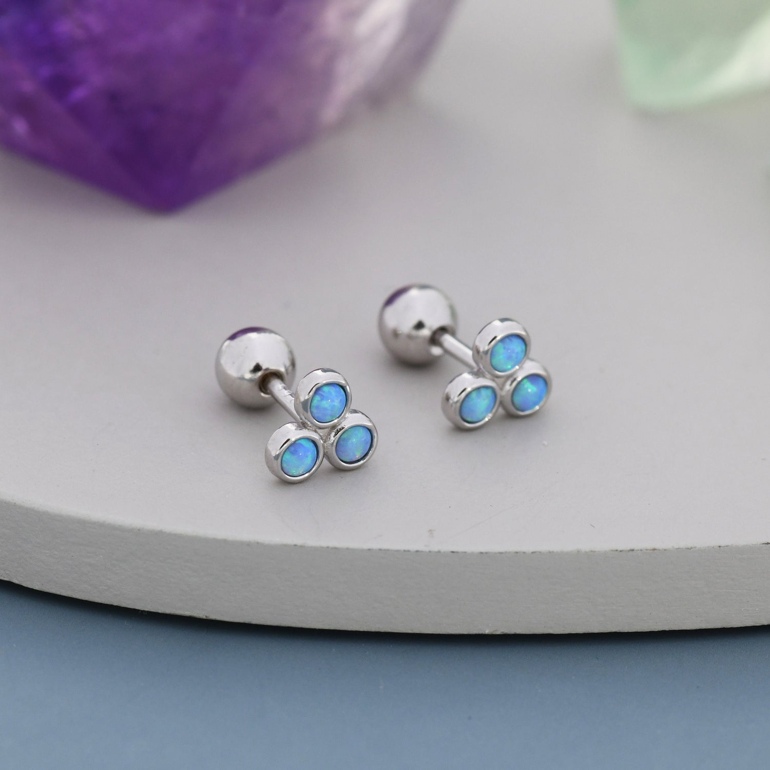 Blue Opal Trio Screw back Earrings in Sterling Silver, Silver or Gold, Opal Trinity Earrings, Screwback Barbell