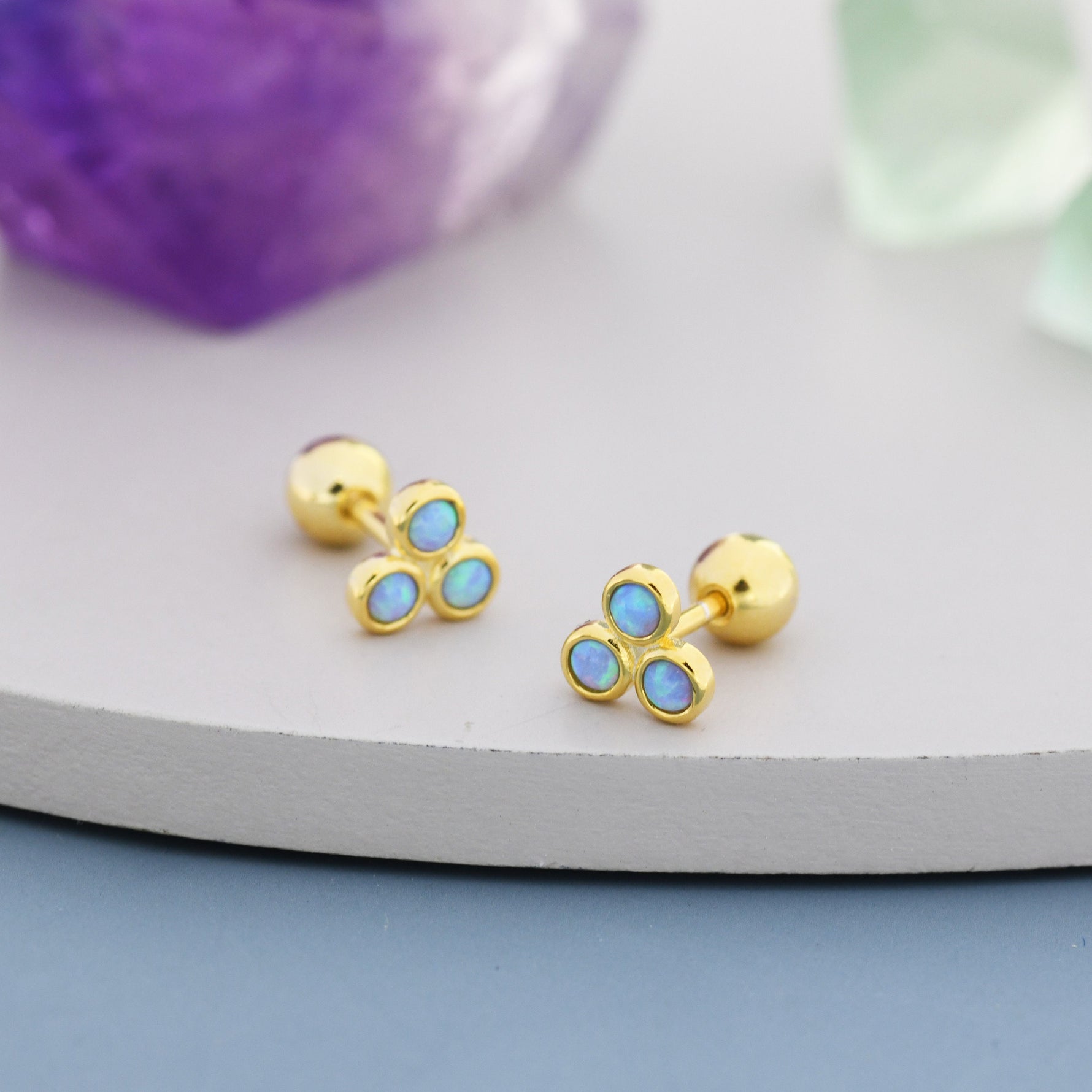 Blue Opal Trio Screw back Earrings in Sterling Silver, Silver or Gold, Opal Trinity Earrings, Screwback Barbell