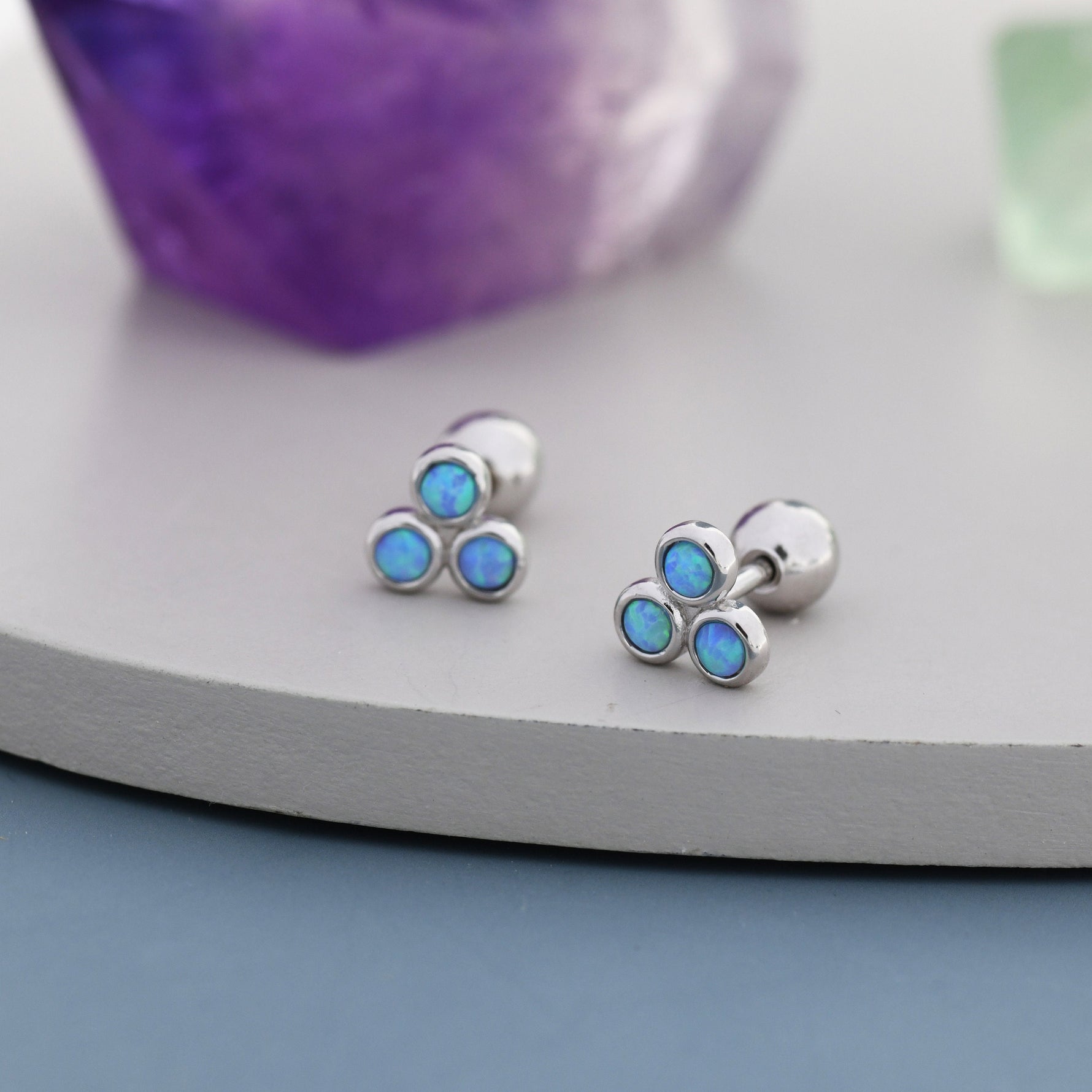 Blue Opal Trio Screw back Earrings in Sterling Silver, Silver or Gold, Opal Trinity Earrings, Screwback Barbell