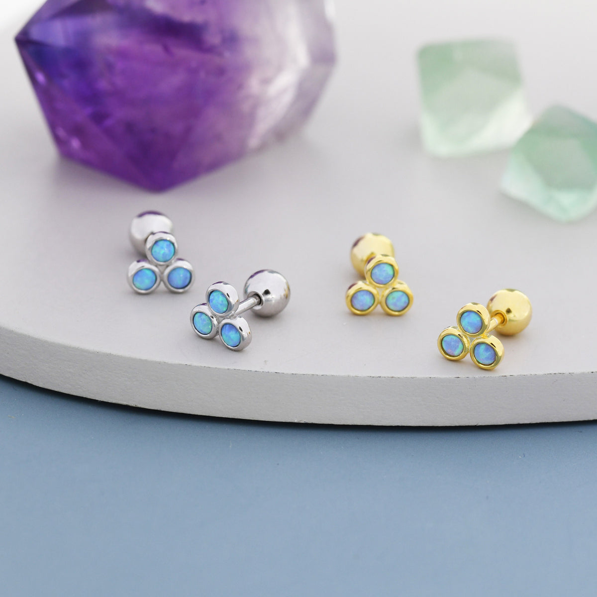 Blue Opal Trio Screw back Earrings in Sterling Silver, Silver or Gold, Opal Trinity Earrings, Screwback Barbell