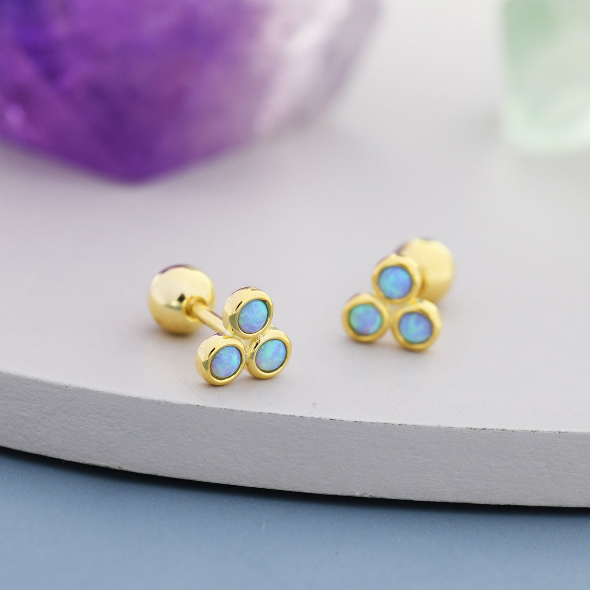 Blue Opal Trio Screw back Earrings in Sterling Silver, Silver or Gold, Opal Trinity Earrings, Screwback Barbell