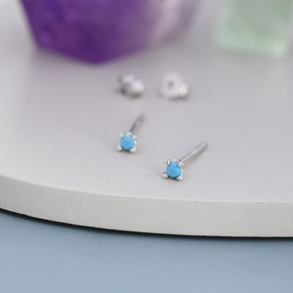 Extra Tiny 2mm Turquoise Stud Earrings in Sterling Silver, Barely Visible Stud Earrings, 2mm Nano Turquoise Earrings, Tiny Crystal Earrings