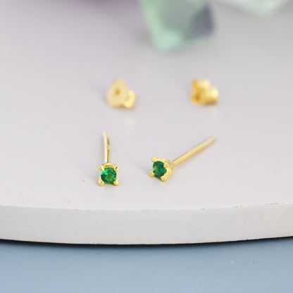 Extra Tiny 2mm Emerald Green CZ Stud Earrings in Sterling Silver, Barely Visible Stud Earrings, 2mm Emerald Earrings, Tiny Crystal Earrings