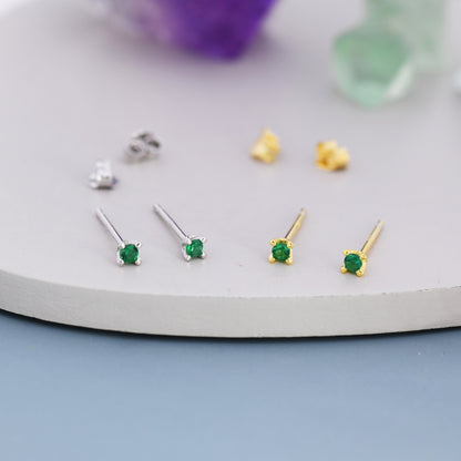 Extra Tiny 2mm Emerald Green CZ Stud Earrings in Sterling Silver, Barely Visible Stud Earrings, 2mm Emerald Earrings, Tiny Crystal Earrings