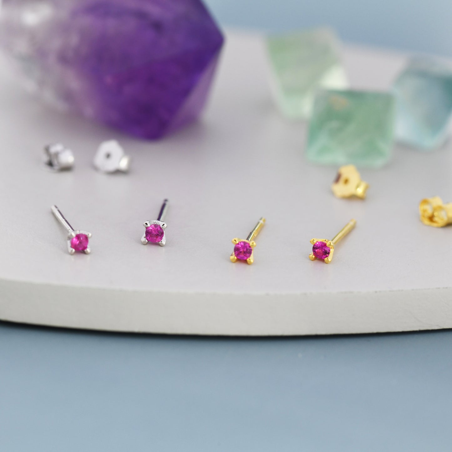 Extra Tiny 2mm Ruby Pink CZ Stud Earrings in Sterling Silver, Barely Visible Stud Earrings, 2mm Pink Earrings, Tiny Crystal Earrings