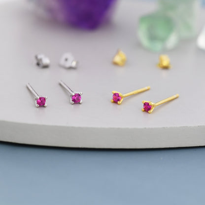 Extra Tiny 2mm Ruby Pink CZ Stud Earrings in Sterling Silver, Barely Visible Stud Earrings, 2mm Pink Earrings, Tiny Crystal Earrings