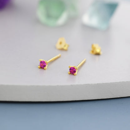 Extra Tiny 2mm Ruby Pink CZ Stud Earrings in Sterling Silver, Barely Visible Stud Earrings, 2mm Pink Earrings, Tiny Crystal Earrings