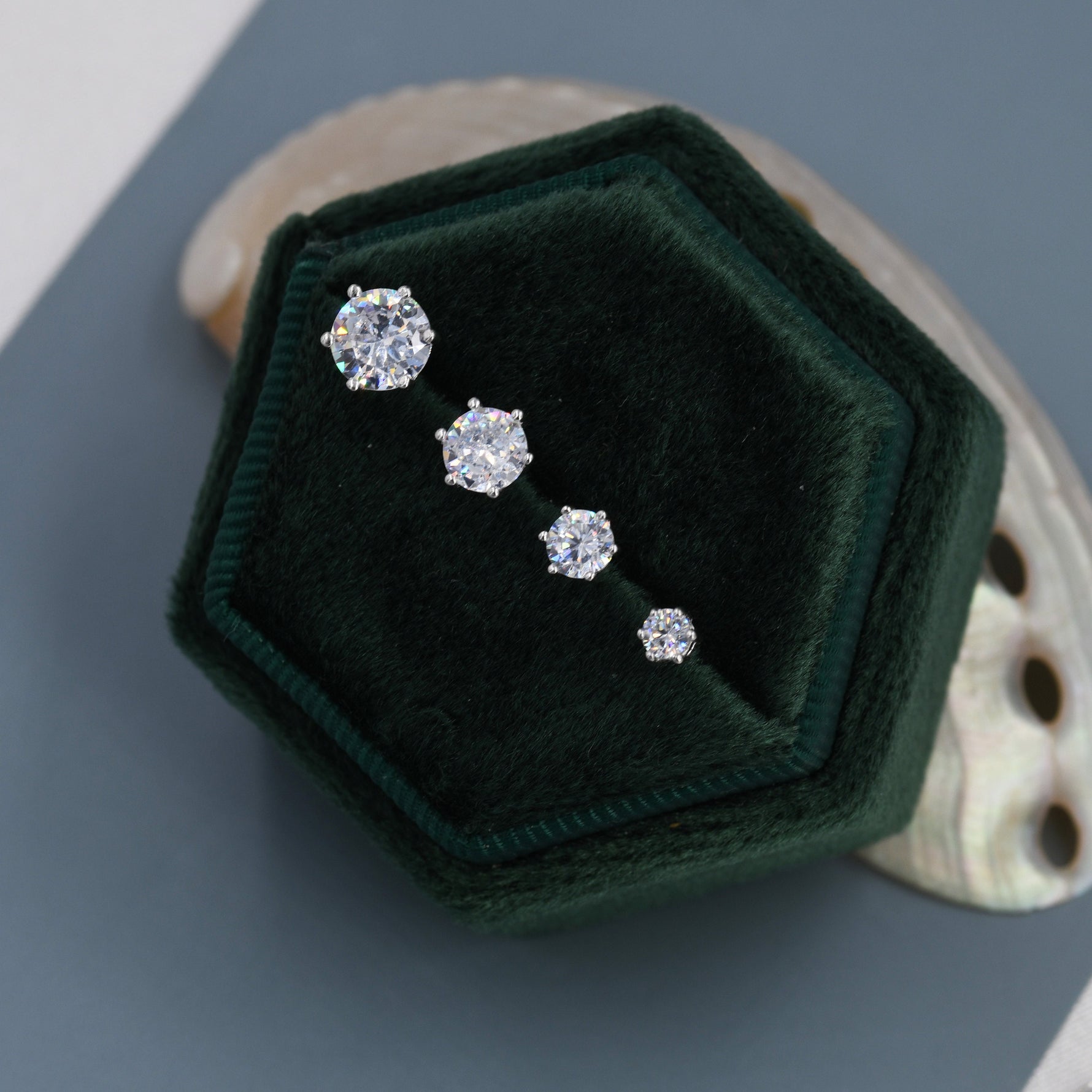 Simple CZ Crystal Stud Earrings in Sterling Silver, 3mm, 4mm, 5mm and 6mm, Six Prong, 6 Prong, Various Sizes, Minimalist CZ Stud