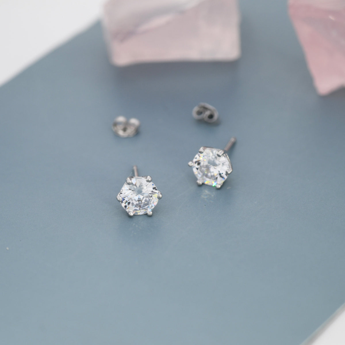 Simple CZ Crystal Stud Earrings in Sterling Silver, 3mm, 4mm, 5mm and 6mm, Six Prong, 6 Prong, Various Sizes, Minimalist CZ Stud