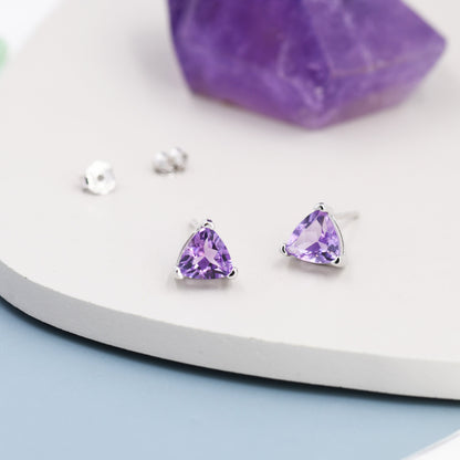 Genuine Amethyst Trillion Cut Stud Earrings in Sterling Silver, 6mm Trillion Cut, Large Amethyst Stud Earrings
