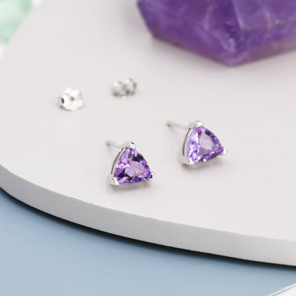 Genuine Amethyst Trillion Cut Stud Earrings in Sterling Silver, 6mm Trillion Cut, Large Amethyst Stud Earrings