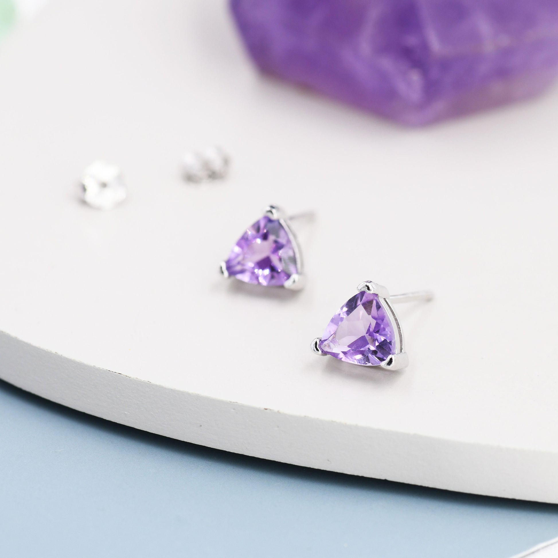 Genuine Amethyst Trillion Cut Stud Earrings in Sterling Silver, 6mm Trillion Cut, Large Amethyst Stud Earrings