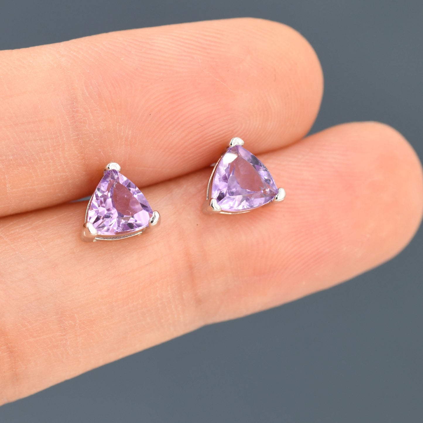 Genuine Amethyst Trillion Cut Stud Earrings in Sterling Silver, 6mm Trillion Cut, Large Amethyst Stud Earrings