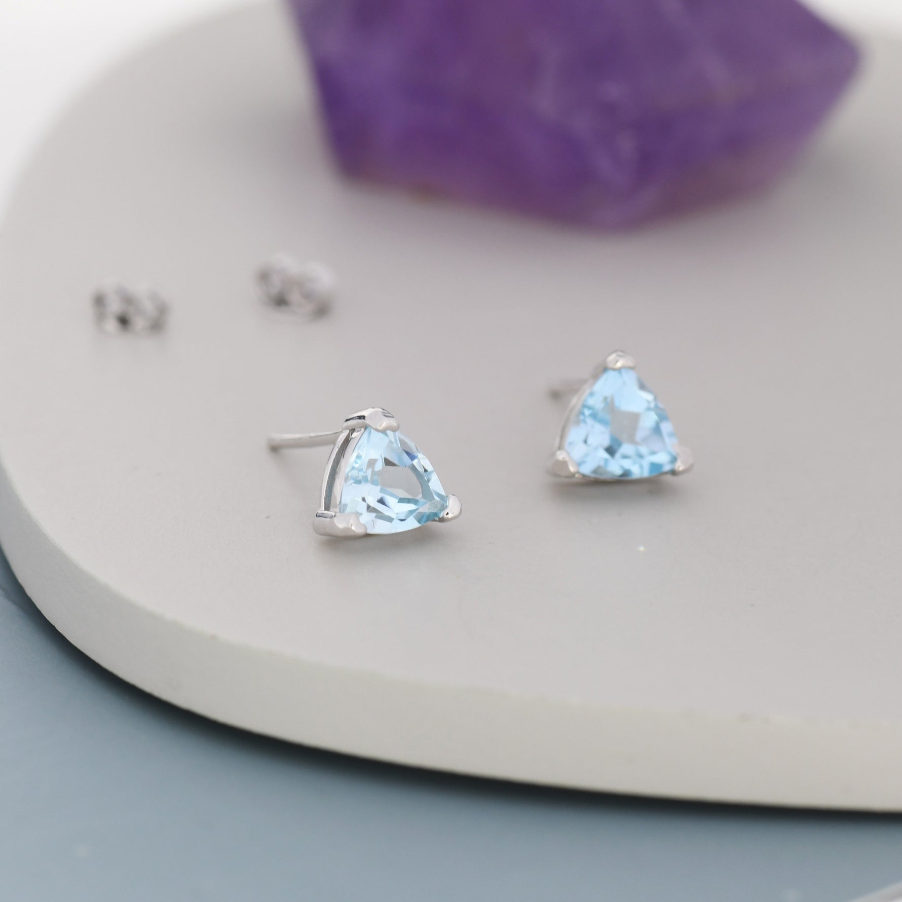 Genuine Swiss Blue Topaz Trillion Cut Stud Earrings in Sterling Silver, 6mm Trillion Cut, Large Topaz Stud Earrings, Natural and Untreated