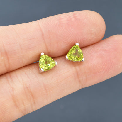 Genuine Peridot Trillion Cut Stud Earrings in Sterling Silver, 6mm Trillion Cut, Large Peridot Stud Earrings, Natural and Untreated