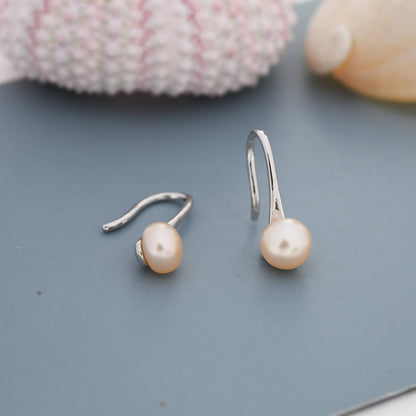 Genuine Pink Freshwater Pearl Hook Earrings in Sterling Silver, 7mm or 8mm, Natural Freshwater Pearls, Silver or Gold, Pink Pearl