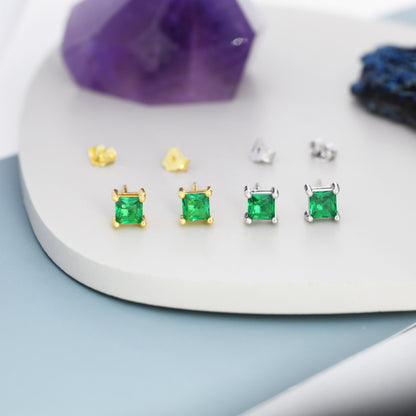 Princess Cut Emerald Green CZ Stud Earrings in Sterling Silver, Square Cut Crystal Earrings, May Birthstone