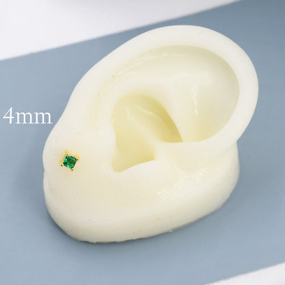 Princess Cut Emerald Green CZ Stud Earrings in Sterling Silver, Square Cut Crystal Earrings, May Birthstone