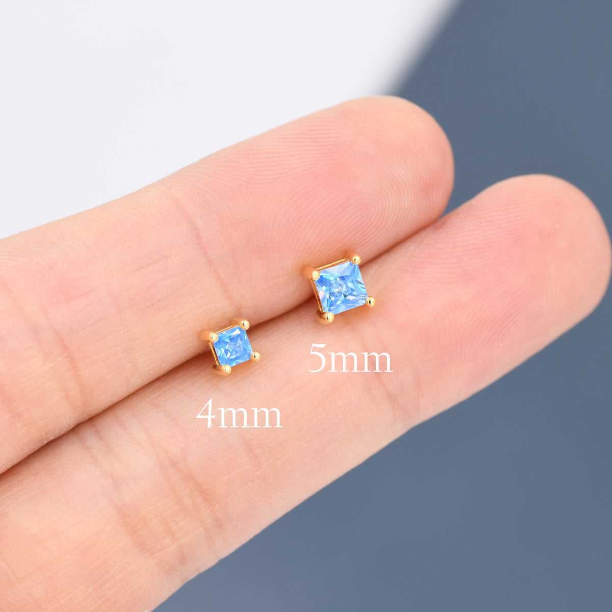 Princess Cut Aquamarine Blue CZ Stud Earrings in Sterling Silver, Square Cut Crystal Earrings, Lilac Purple CZ, March Birthstone