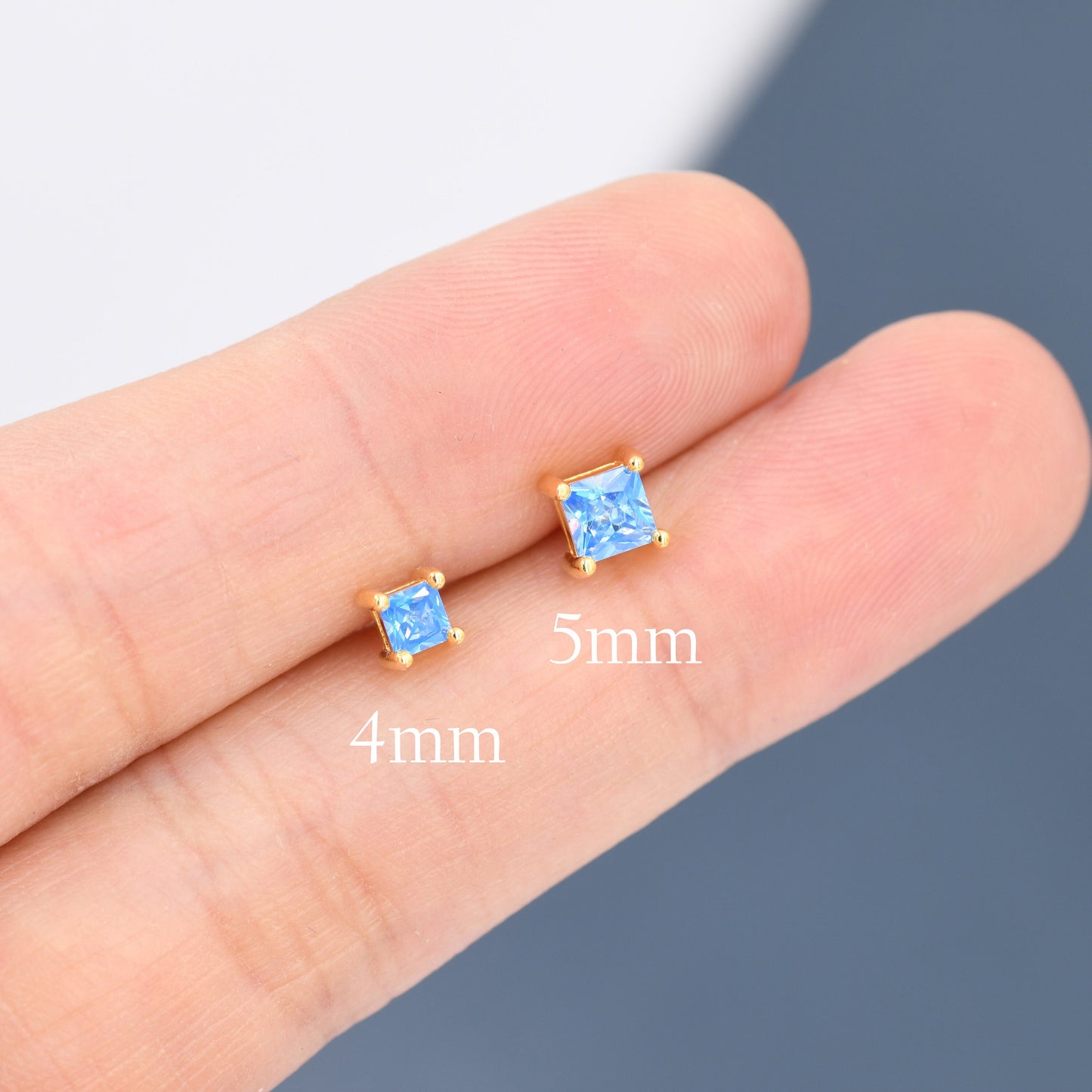 Princess Cut Dark Sapphire Blue CZ Stud Earrings in Sterling Silver, Square Cut Crystal Earrings, Purple CZ, September Birthstone