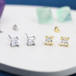 Princess Cut CZ Stud Earrings in Sterling Silver, Square Cut Crystal Earrings, Diamond CZ, April Birthstone