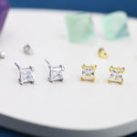 Princess Cut CZ Stud Earrings in Sterling Silver, Square Cut Crystal Earrings, Diamond CZ, April Birthstone