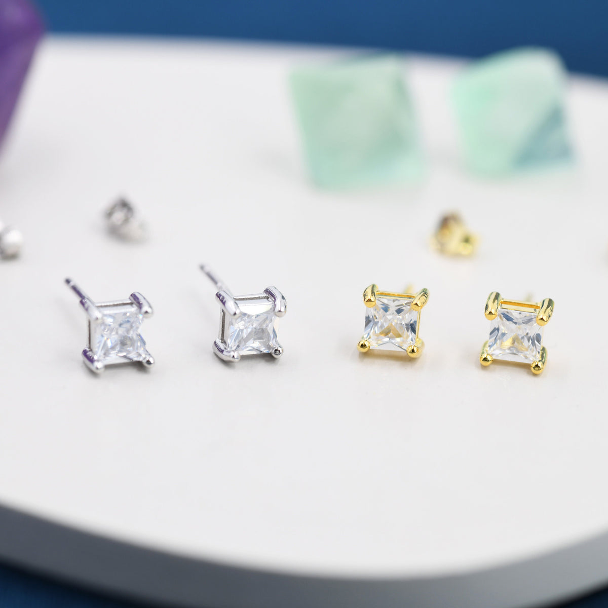 Princess Cut CZ Stud Earrings in Sterling Silver, Square Cut Crystal Earrings, Diamond CZ, April Birthstone