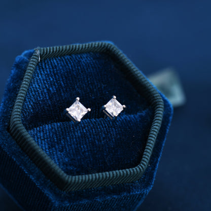 Princess Cut CZ Stud Earrings in Sterling Silver,  Square Cut Crystal Earrings, Diamond CZ, April Birthstone