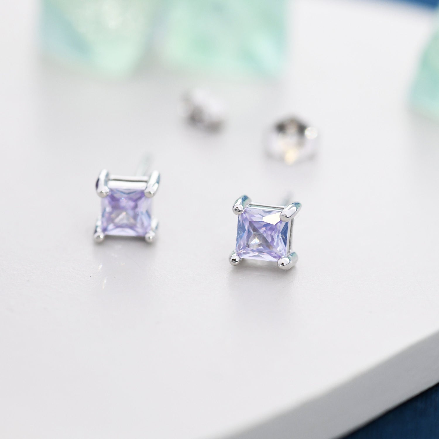 Princess Cut Alexandrite CZ Stud Earrings in Sterling Silver,  Square Cut Crystal Earrings, Lilac Purple CZ, June Birthstone