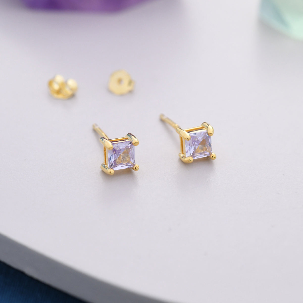 Princess Cut Alexandrite CZ Stud Earrings