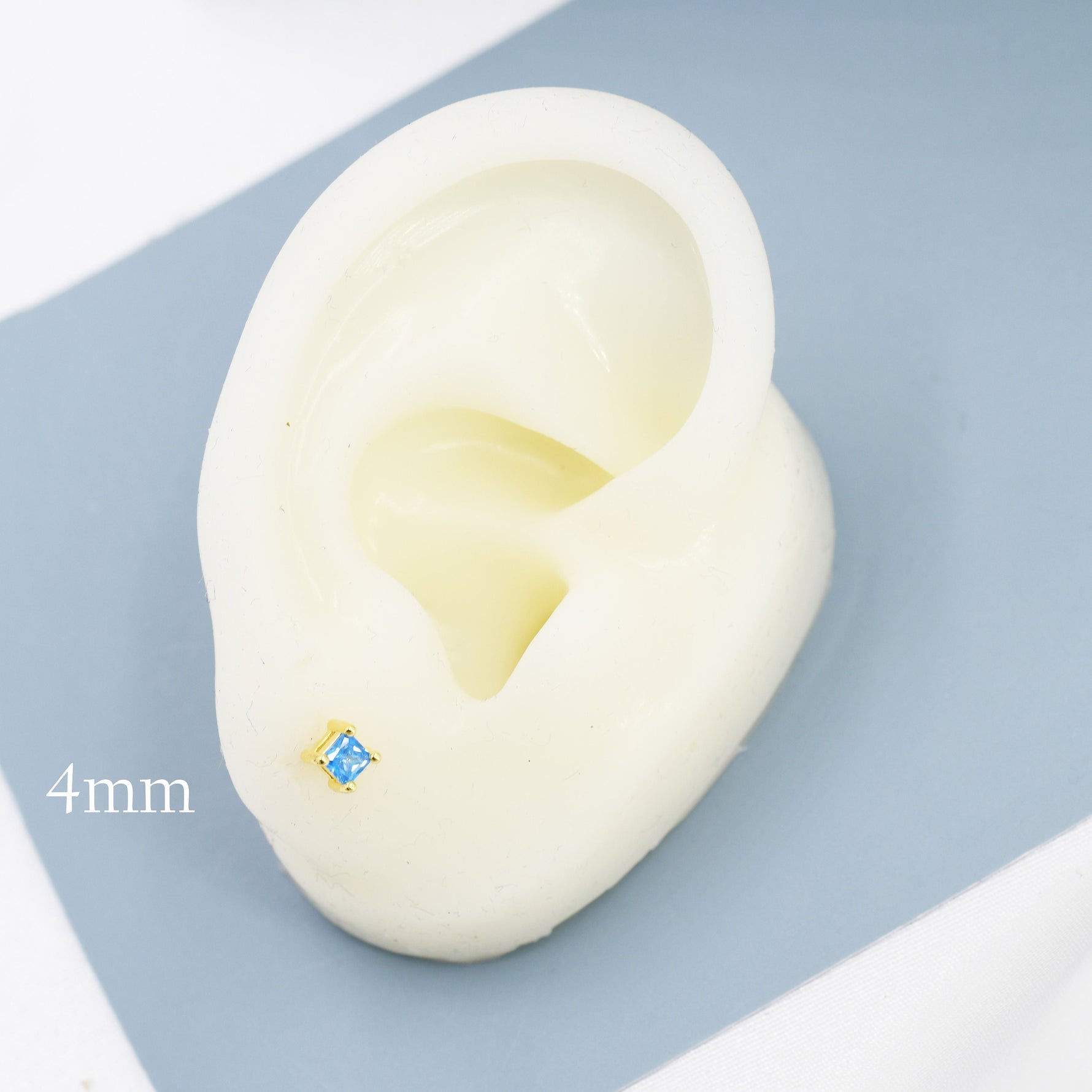 Princess Cut Aquamarine Blue CZ Stud Earrings in Sterling Silver, Square Cut Crystal Earrings, Lilac Purple CZ, March Birthstone