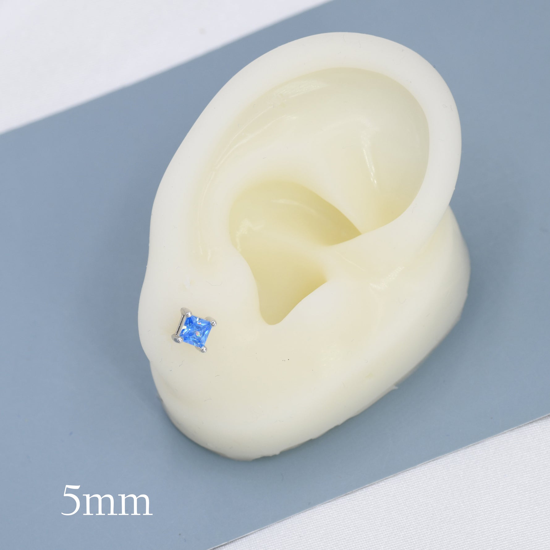 Princess Cut Aquamarine Blue CZ Stud Earrings in Sterling Silver, Square Cut Crystal Earrings, Lilac Purple CZ, March Birthstone