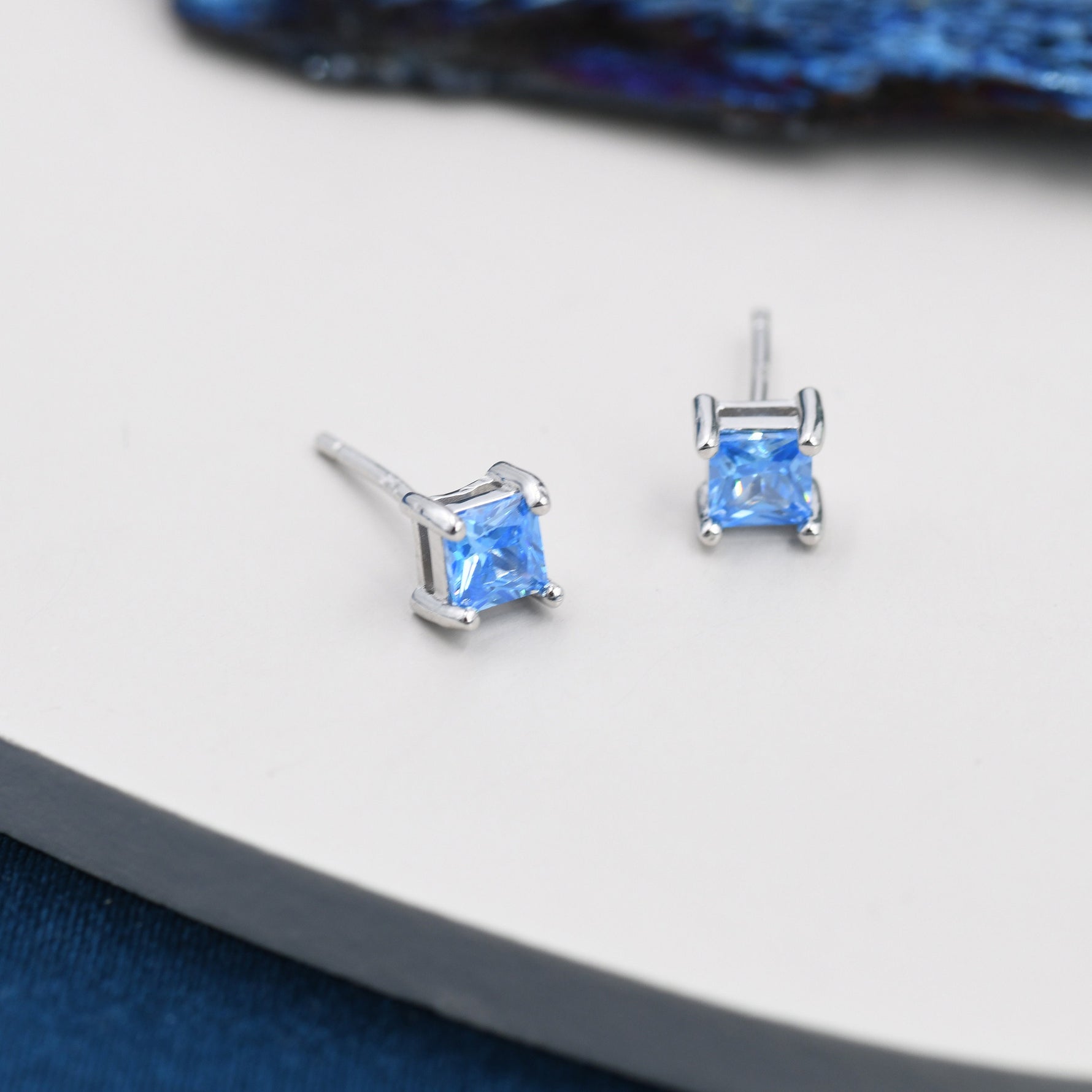 Princess Cut Aquamarine Blue CZ Stud Earrings in Sterling Silver, Square Cut Crystal Earrings, Lilac Purple CZ, March Birthstone