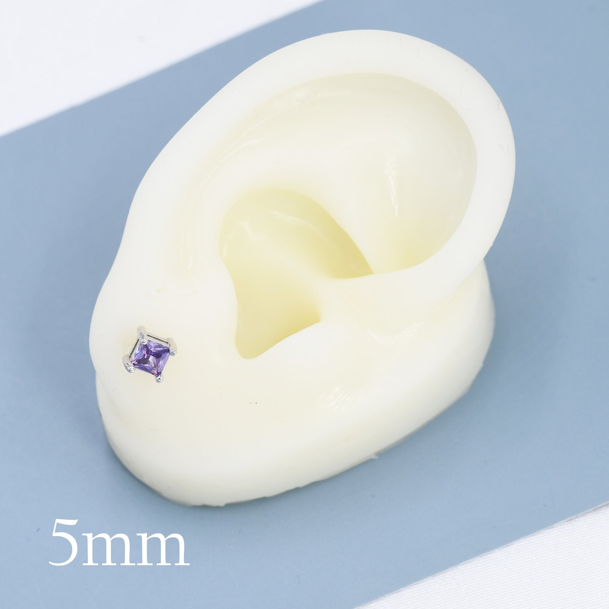 Princess Cut Amethyst Purple Stud Earrings in Sterling Silver, Square Cut Crystal Earrings, Purple CZ, February Birthstone